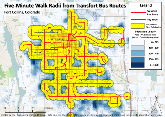 Five-Minute Walk Radii from Transfort Bus Stops