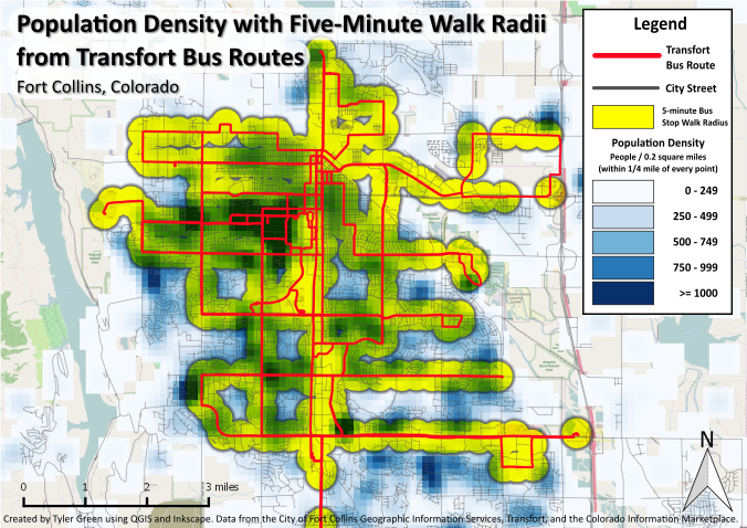 Population Density with Five-Minute Walk Radii from Transfort Bus Stops