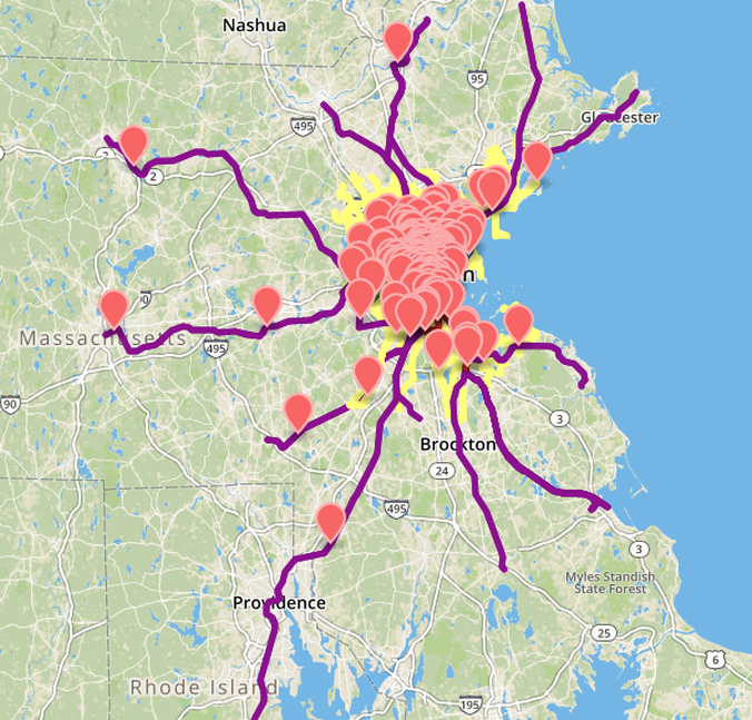 The purple lines are the commuter rail routes. I chuckled the first time these lines loaded and I kept have to zoom out to see where they stop. To Providence and beyond!