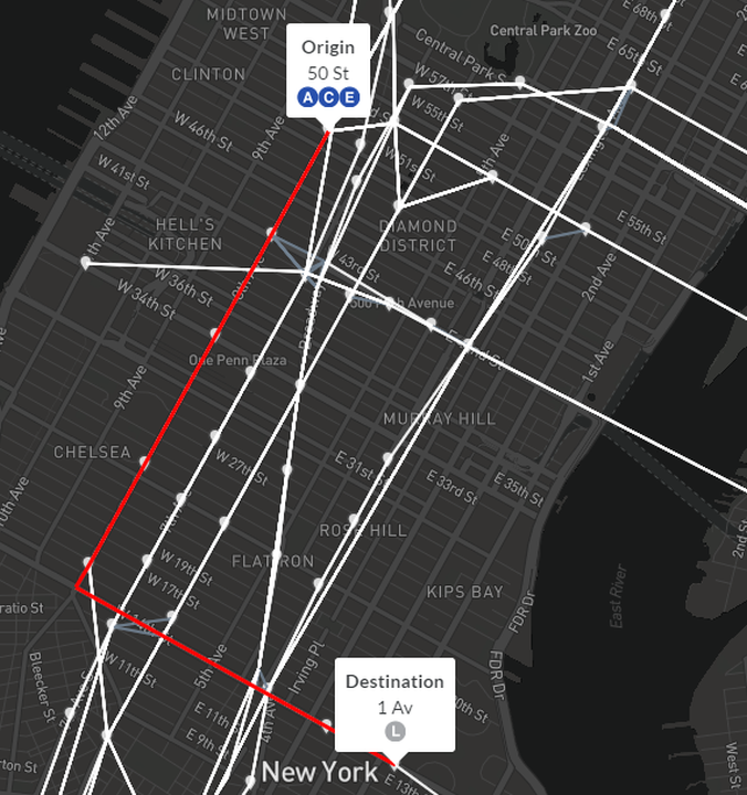A sample shortest-path from 50th St to 1 Av. The routes are calculated from the GTFS feed based on the trips that pass through that stop. This can periodically result in slightly different route listings than the official MTA map.